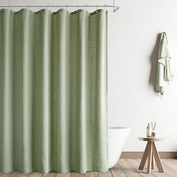 Naturoom Long Shower Curtain 90 inches Long, Linen Rustic Weighted Fabric Shower Curtain Set with Hooks, Bohemian Country Thick Bath Curtains for Bathroom,72x90,Sage Green