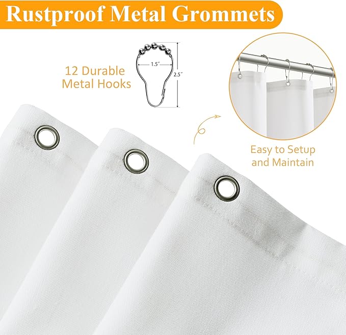 Naturoom 72x90 Inch Shower Curtain, Long Linen Weighted Thick Fabric Bathroom Shower Curtain, Neutral Hotel Elegant Modern Farmhouse Style Bath Curtains Set with 12 Plastic Hooks, White