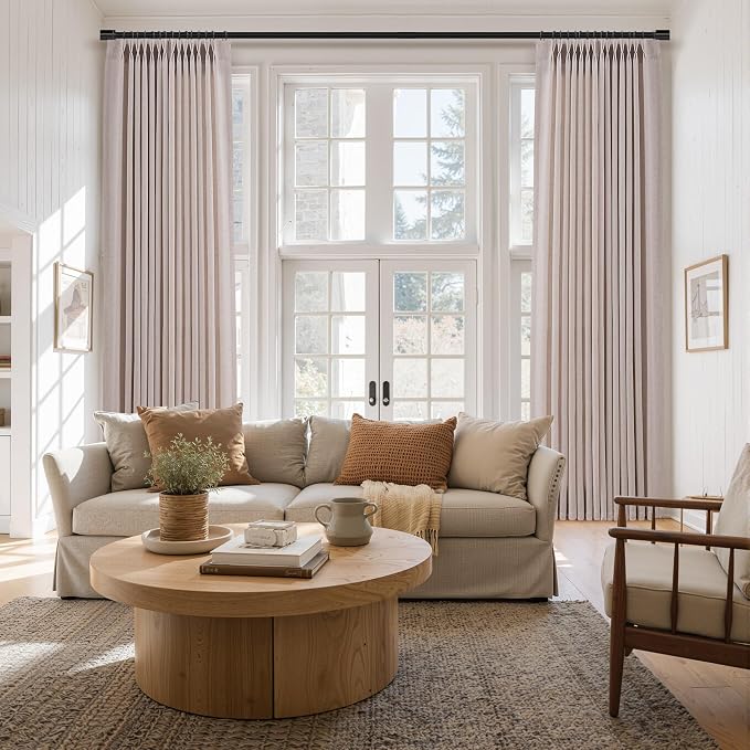 Aersas Natural White Pinch Pleated Linen Curtains 112 Inches Long for Living Room Bedroom Light Filtering Neutral Farmhouse Curtain 112 Length Hooks Rings Back Tab for Sliding Door 2 Panels