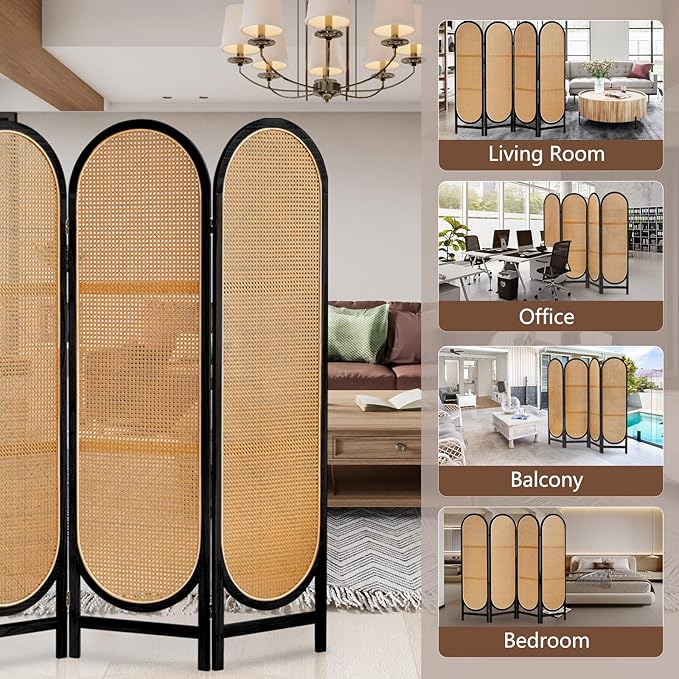Hand-Woven Rattan Room Dividers Panel, 4 Panels Wood Room Divider and Folding Privacy Screens, Room Divider Wall Freestanding Room Partitions Screen for Home Office Bedroom, Black