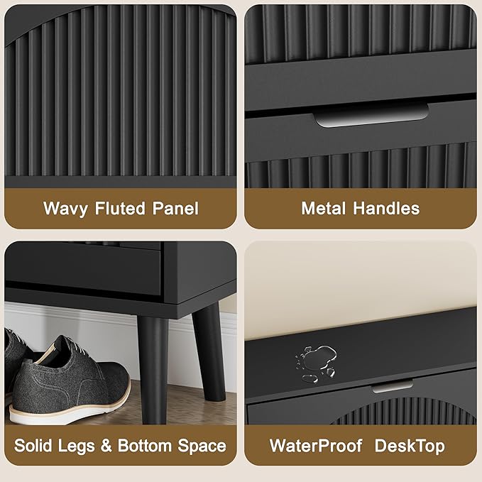 Shoe Storage Cabinet with 4 Flip Drawers, Narrow Wood Shoe Organizer Cabinet with Fluted Panel, Slim Shoe Rack for Entryway, Freestanding Shoe Cabinet for Living Room, Hallway, Black