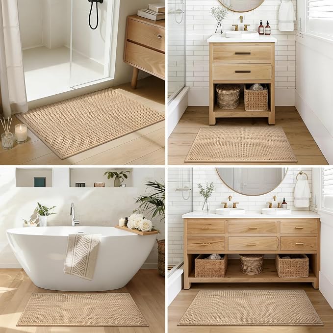 Color&Geometry Rubber Backed Waffle Bath Mat 72x24, Non Slip Water Washable Bathroom Rugs, Soft Absorbent Chenille Boho Carpet for Bathroom Floor, Tub and Shower, Beige