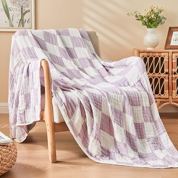 EMME Cooling Muslin Twin XL Blanket - Checkered Lightweight Summer Cotton Blankets of Rayon Derived from Bamboo for Hot Sleepers, Soft Breathable All Season Gauze