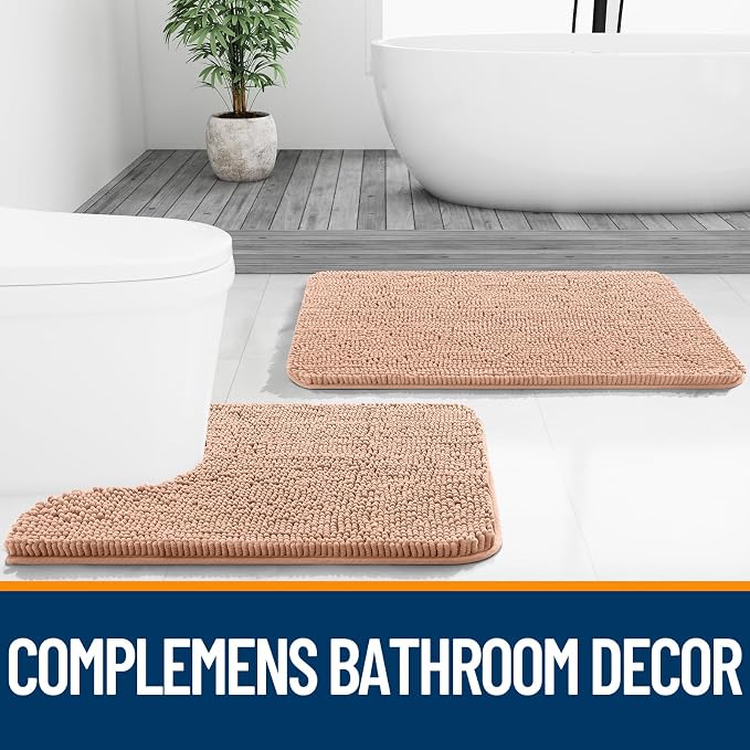 OLANLY Bathroom Rugs 34x21, Extra Soft Absorbent Chenille Bath Rugs, Rubber Backing Quick Dry, Machine Washable Bath Mats for Bathroom Floor, Tub and Shower, Home Decor Accessories, Peach