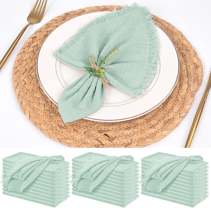 30 Pack Sage Green Cloth Napkins Cotton Linen Napkins with Fringe 16 x 16 Inch Soft Handmade Napkins Cloths Delicate Washable Rustic Dinner Napkin Cloths for Wedding Party Dinner Table Decor