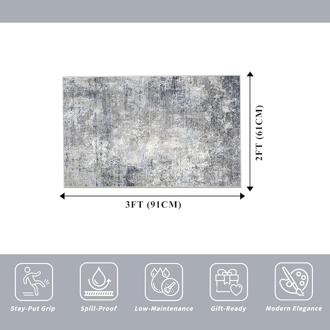 2x3 Washable Non-Slip Rug – Modern Abstract Neutral Small Throw Area Rug for Kitchen, Entryway, Bedroom – Soft Low Pile Thin Indoor Door Mat（Blue Grey,2x3）