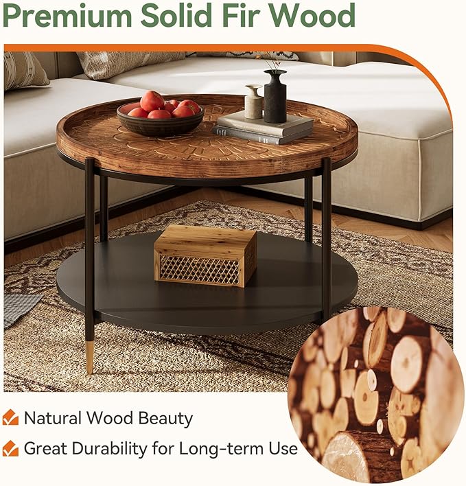 Solid Wood Round Coffee Table, 31.5-Inch Boho Center Tea Table with Metal Storage Frame & Carved Floral Pattern, Living Room Coffee Table Furniture for Small Spaces, Apartment, Rustic Brown