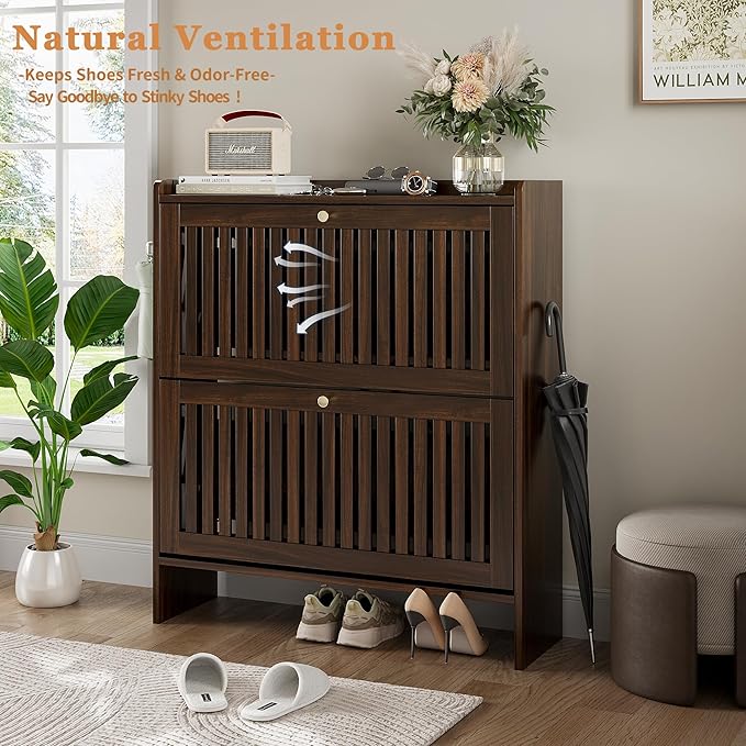 wanan 31.5" Shoe Cabinet with 2 Flip Slatted Drawers, Adjustable & Removable Panels, Narrow Shoe Cabinet Storage for Entryway, Hallway, Shoe Rack Organizer Cabinet, Light Oak