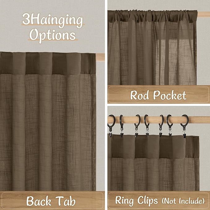 LAMIT Semi Sheer Linen Kitchen Window Curtains, 45 Inch Length Back Tab and Rod Pocket Linen Weave Window Treatments Privacy with Light Filtering Drapes for Bedroom, 2 Panels, 34 x 45 Inch, Brown
