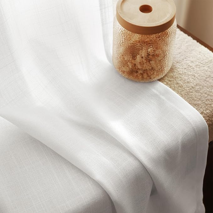 Linen White Curtains 84 inches Long for Bedroom Loop Pocket Privacy Light Filtering Semi Sheer White Boho Farmhouse Curtain Drapes Cotton Textured Modern Elegant Coastal Living Room Decor 42x84