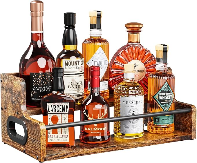 KLM Liquor Bottle Display Shelf, Coffee Syrup Rack Organizer, 2 Step Countertop Liquor Wine Rack, mini bar,Liquor Cabinet, Home Retro Bar Shelf Stand for Liquor Whiskey, Spirits, Brown