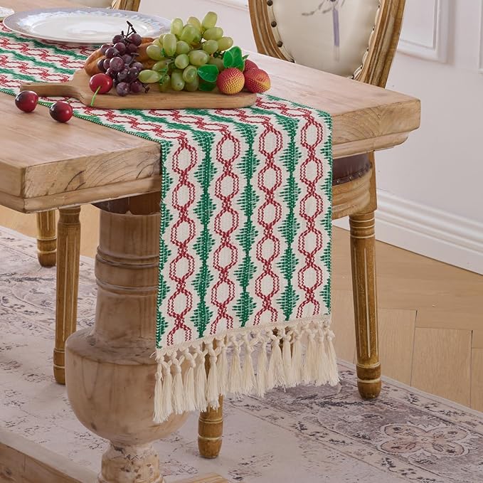 Fancy Homi Christmas Boho Cotton Polyester Table Runner 72 Inches Long, Farmhouse Macrame Table Runners with Tassels for Home Party Bohemian Rustic Bridal Shower Kitchen Dining Decor 12x72 Inches