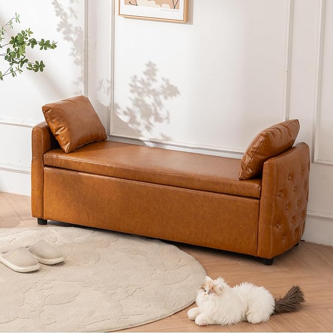 Storage Bench for Bedroom, 60" End of Bed Bench for King Size Bed,Tufted Bench Modern Upholstered Long Ottoman Bench with Arm (Camel Brown, Faux Leather-60 Wide)