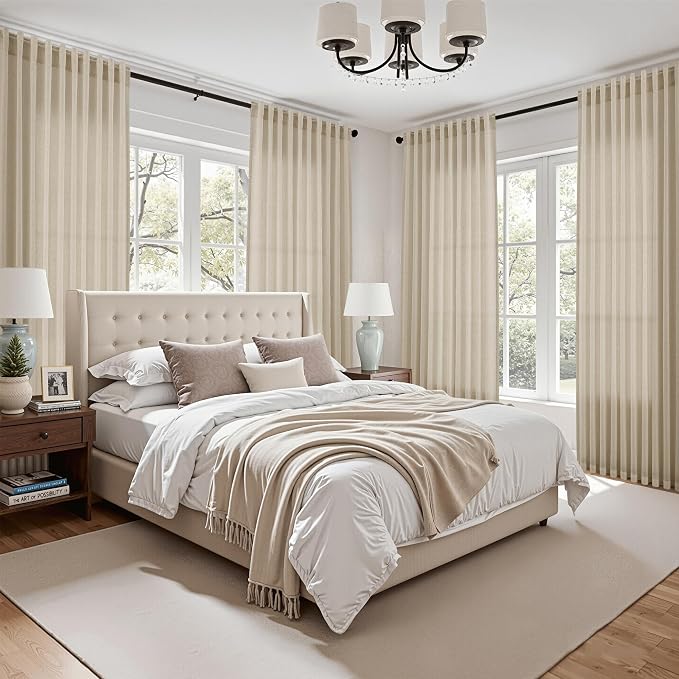 Nanspring Eggshell Beige Curtains 90 Inches Long for Living Room Linen Light Filtering Semi Sheer Curtain Back Tab Rod Pocket Rustic Decor Neutral Elegant Drapes for Bedroom 52x90, 2 Panels