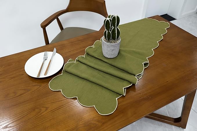100% Natural Linen Rustic Scalloped Embroidery Table Runner 48 Inches, Linen Table Runner 14 x 48 Inch Ideal for Dresser and Dining Tables Decor, 2-4 Sets, 14x48'',Olive Green(Edges-Gold)