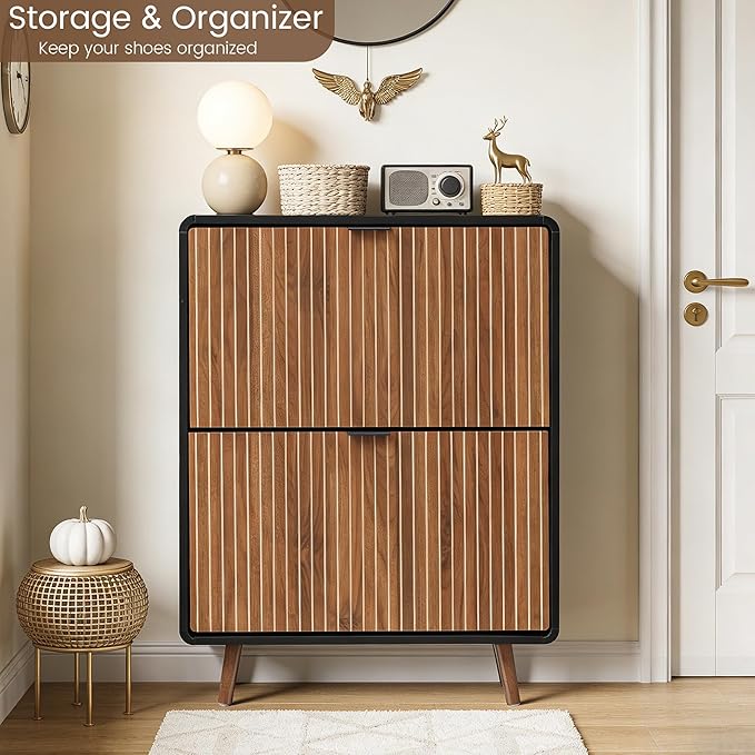 FurSch Fluted Shoe Storage Cabinet with 2 Flip Drawers, Narrow Shoe Rack Cabinet Organizer with Adjustable & Removable Shelves for Entryway (Walnut and Black, 2 Drawers)