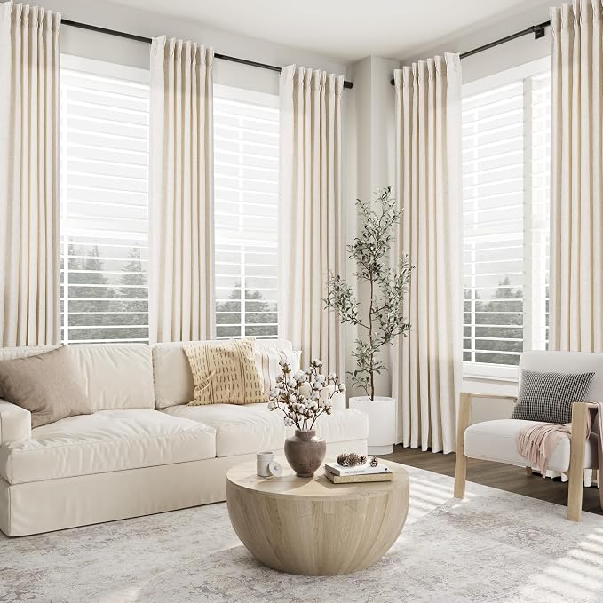 Aersas Natural Pinch Pleat Linen Curtains 216 Inch Length 2 Panels Set for Bedroom Dining Room Semi Sheer Linen Boho Farmhouse Neutral Window Curtains 216 Inches Long for Living Room Nursery 50x216