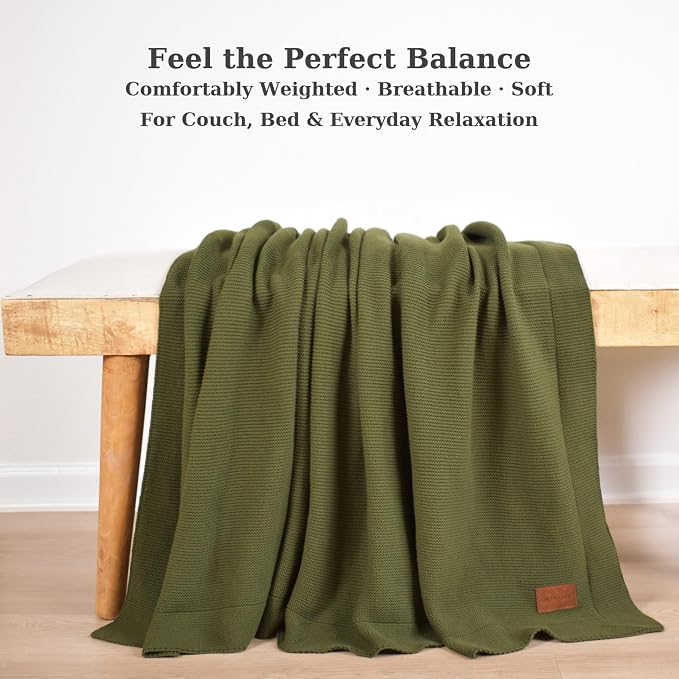 100% Cotton Knitted Throw Blanket – Oeko-TEX® Certified, Breathable & Soft, 50" x 60" – Substantial All-Season Blanket for Couch, Bed, Home Décor and Gifting - 2 lb (Olive Green)
