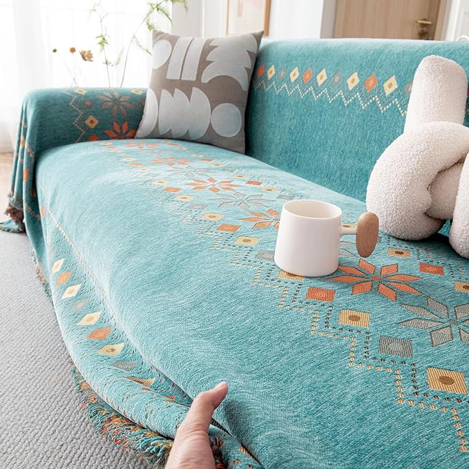 DREAMINGO Teal Boho Couch Cover Jacquard Chenille Sofa Covers Washable 3 Seater Sofa Protector for Pets Kids Modern Bohemain Sectional Couch Slipcovers for Living Room, 71"x150"