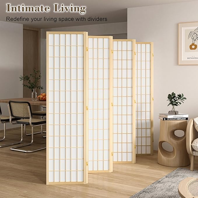 WelFurGeer 8 Panel Room Divider, Folding Privacy Shoji Screens, Room Partitions and Dividers, Decorative Room Dividers, Wall Dividers for Room Separation, Japanese Wood Room Divider for Home (Natural)