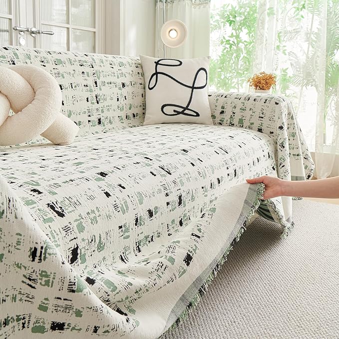 DREAMINGO Abstract Chenille Couch Cover Blanket Beige Green Black Boho Sofa Cover, Washable Furniture Protector, Universal Slipcover for Couch, Geometric Brushstroke Jacquard, Large 71"x118"
