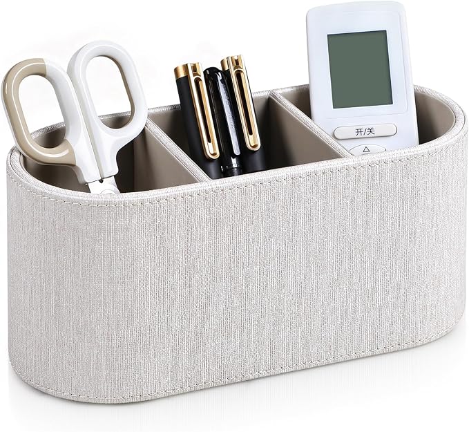 Aesthetic Remote Control Holder, PU Leather Remote Holder Desktop Organizers with 3 Compartments for Home Office Supplies and Accessories, Stylish Bedside Nightstand Organizer (Linen)