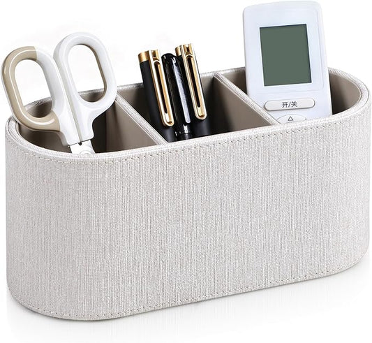 Aesthetic Remote Control Holder, PU Leather Remote Holder Desktop Organizers with 3 Compartments for Home Office Supplies and Accessories, Stylish Bedside Nightstand Organizer (Linen)