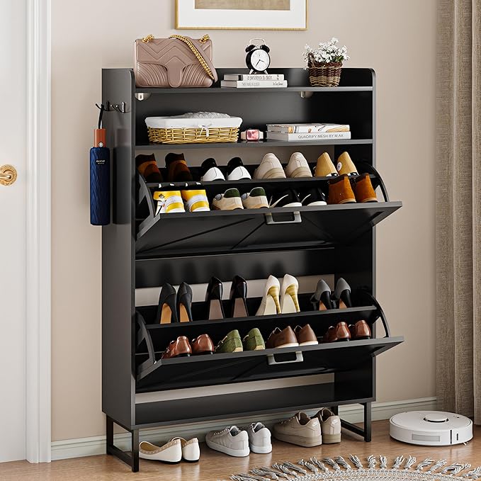 Wodeer Shoe Storage Cabinet with 2 Flip Drawers, Narrow Wood Shoe Cabinet Storage for Entryway with Metal Legs & Hooks, Adjustable Shelves, Freestanding Shoe Rack Organizer for Foyer, Hallway, Black