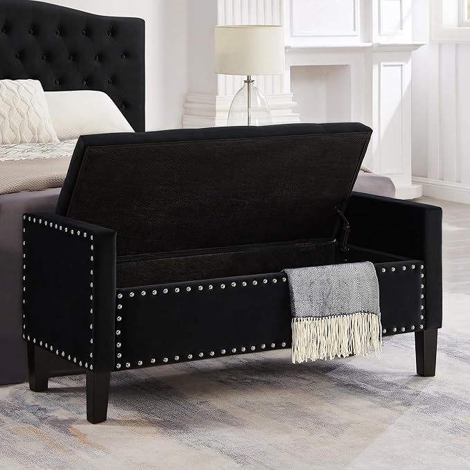 48" Folding Storage Ottoman Bench, Velvet Upholstered Tufted Button End of Bed Bench with Nailhead Trim, Padded Seat and Armrest, Foot Rest Stool for Entryway, Living Room, Bedroom (Black)