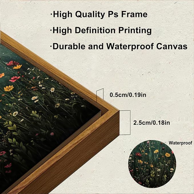 KBKBART Framed Canvas Wall Art, Green Flower Wall Decor, Nature Landscape Flower Wildflower Oil Painting Prints Pictures Artwork for Living Room Bedroom 12x16 inch