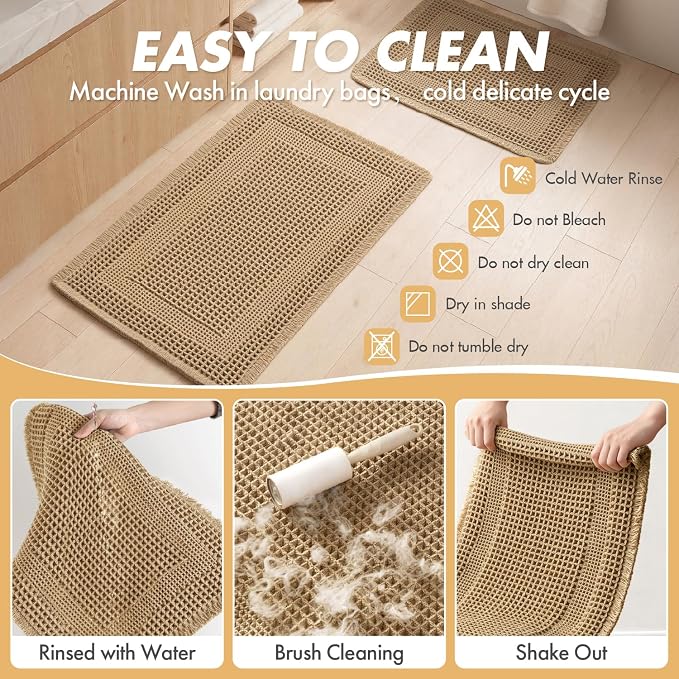 MIULEE Set of 2 Waffle Bathroom Rugs, Boho Bath Rug Super Absorbent, Non Slip Washable Ultra Soft Rubber Backed Shower Bath Mats for Floor, Tub, Shower, Looped Design, Brown, 17"x24"+18"x30"