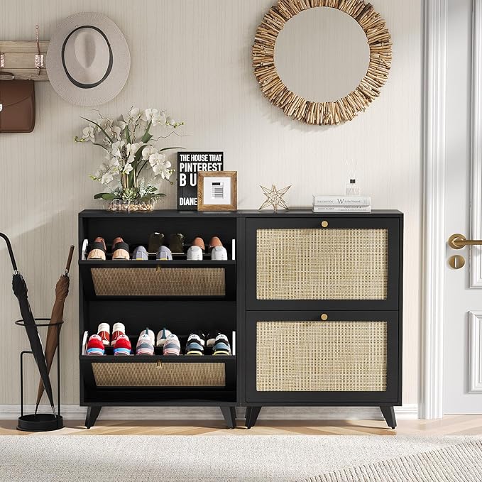 Angel Sar Rattan Shoe Cabinet, Slim Shoe Storage Cabinet for Entryway with 2 Flip Drawers, Adjustable Shelves, Golden Handles & Sturdy Metal Legs, Storage Organizer for Entryway, Hallway, Black