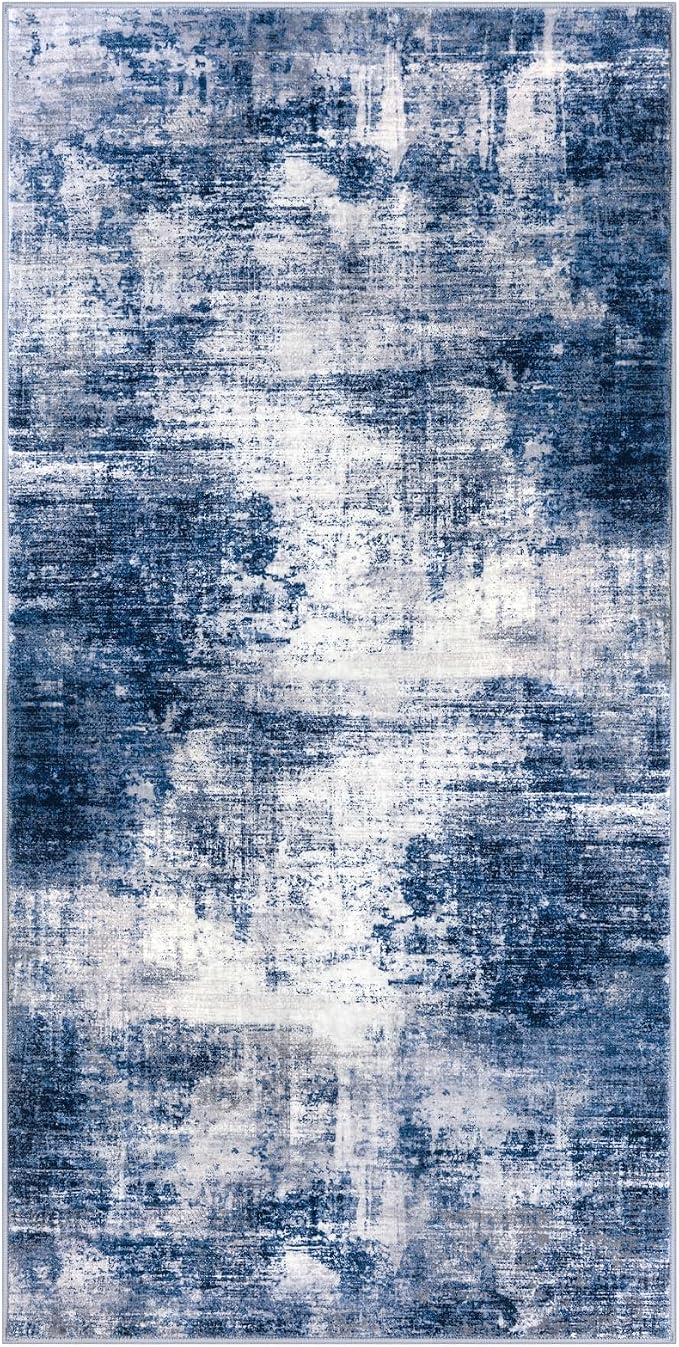 IOHOUZE Abstract Runner Rug 3x6 Ft Washable Runners for Hallways, Non Slip Kitchen Runner Printed Faux Wool Entryway Runner Indoor, Modern Abstract Floor Carpet for Hall Kitchen Bedroom, Navy/Grey