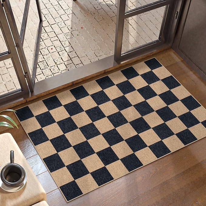 Lahome Colette Checkered Easy Jute 2x3 Rug, Small Entryway Rug Non Slip Kitchen Front Door Mat, Farmhouse Neutral Area Rug Non Shedding Low Pile Floor Carpet for Foyer Porch Doorway