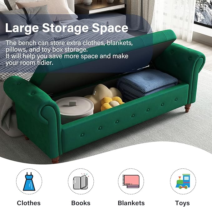 ODUWA 63 Inch Upholstered Tufted End of Bed Storage Bench with Arms,Larger Storage Space, End of Bed Bench for Bedroom Living Room Entryway (Green-Velet)