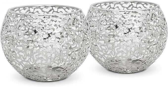 Metal Cut-Out Tealight Candle Holders Set of 2 – Geometric Lanterns for Table Centerpiece & Bathroom Spa – Shatterproof Holiday Decor, Winter Wedding (Silver*2)