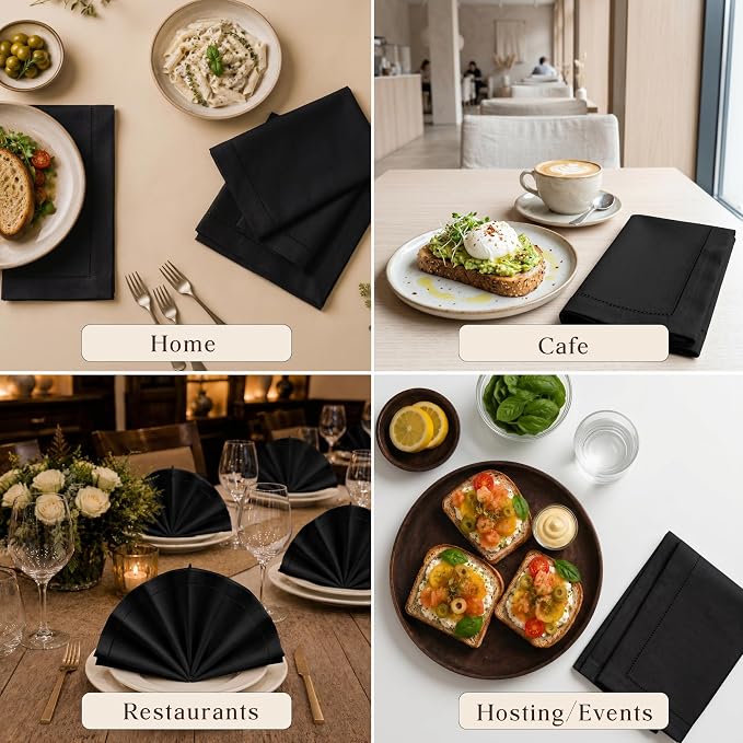 Hemstitch Cloth Napkins, Set of 12-100% Cotton Dinner Napkins 18x18 - Soft Absorbent Cloth Napkins for Wedding & Formal Dinner - Holiday, Christmas Cotton Dinner Napkins - Black