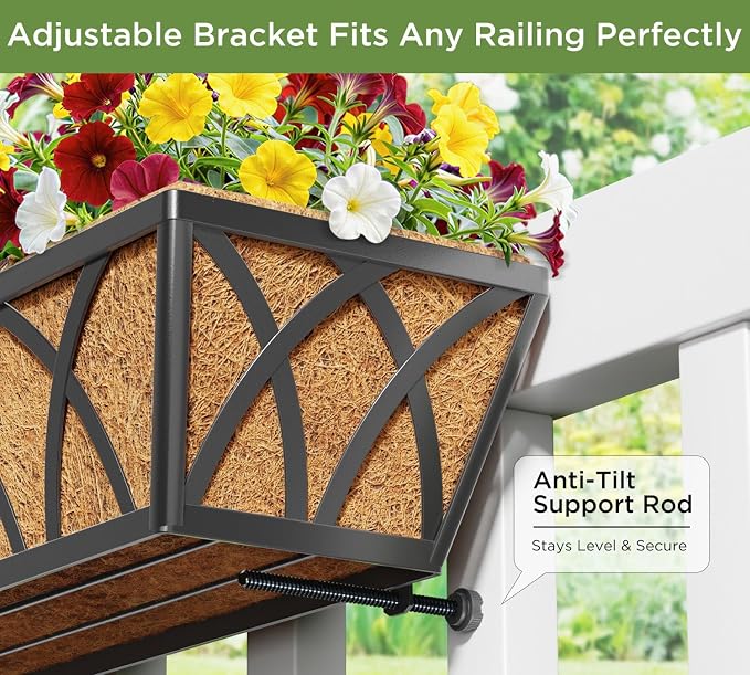 24 Inch Railing Planter Box with Coco Liner, Adjustable Metal Window Box, Hanging Flower Planter Outdoor, for Balcony Deck Fence Garden, Black, Set of 4