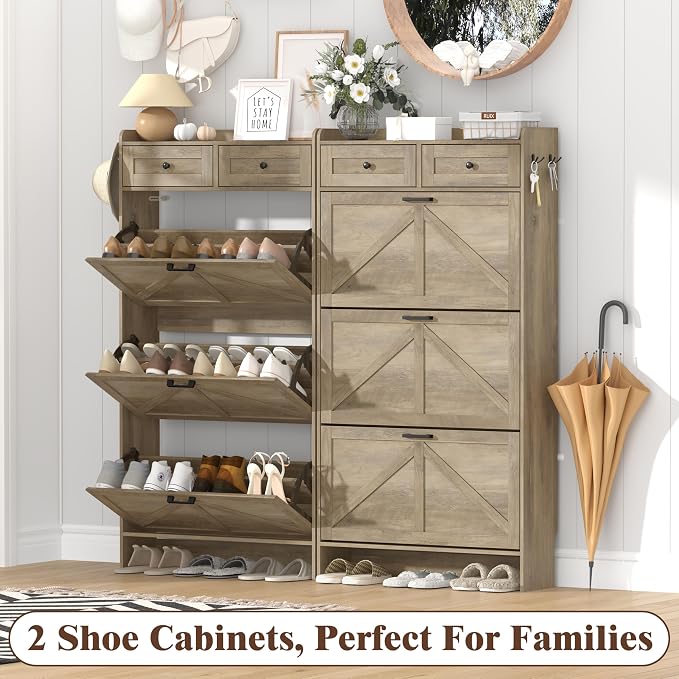 Thacuok Shoe Cabinet with 3 Flip Drawers & 2 Storage Drawers, Rustic Farmhouse Narrow Shoe Organizer Cabinet, Slim Shoe Rack Cabinet, Shoe Storage Cabinet for Entryway, Hallway, Front Door
