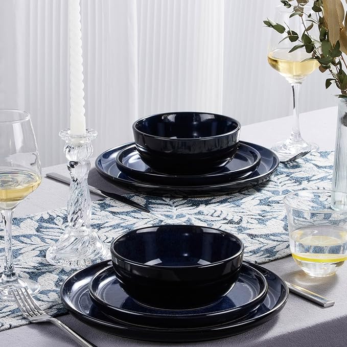 LIANYU Ceramic Plates and Bowls for 4, 12 Piece Modern Porcelain Dinnerware Dishes Sets, Chip and Scratch Resistant Dishware Set, Dishwasher & Microwave Safe Stoneware Set, Midnight Blue