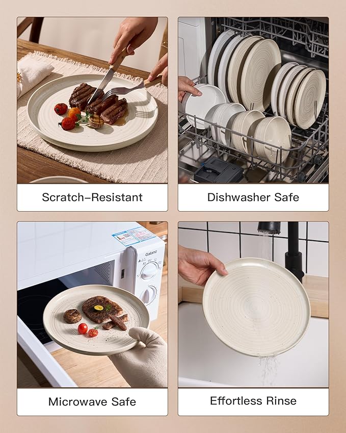 18-Piece Stoneware Reactive Glaze Dinnerware Set, Flared Plates & Bowls with Speckles & Spirals, Chip & Scratch Resistant Dishes, Dishwasher Safe, Service for 6, Gift Box, Shell Beige