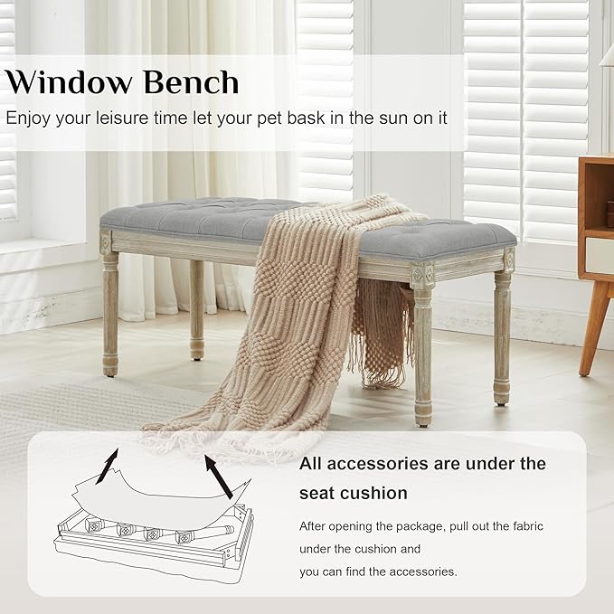 LOULENS 43.9" Linen Fabric End of Bed Bench, Vintage French Upholstered Button Tufted Entry Bench, Window Seat with Carved Wood Legs for Bedroom, Living Room, Entryway, Foyer, Hallway, Light Grey