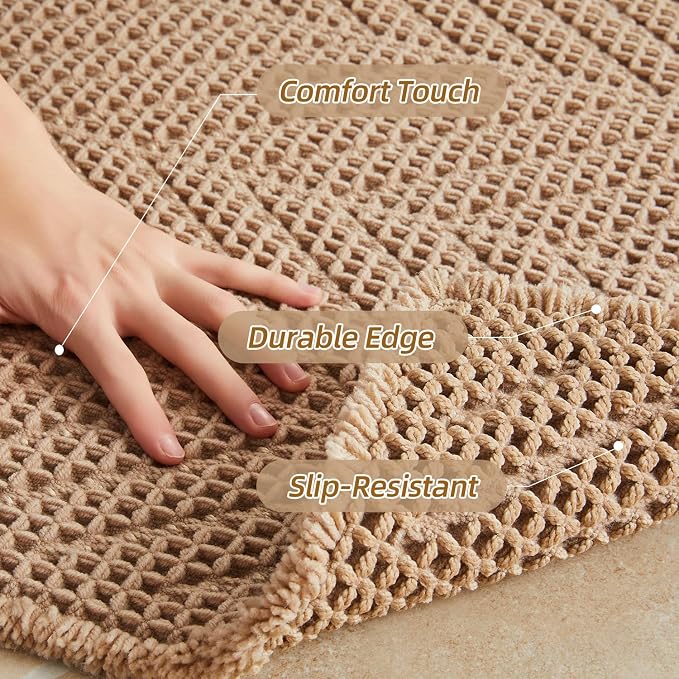 Sunfly Bathroom Runner Rug,Boho Herringbone Waffle Bath Mat Non-Slip Washable Super Absorbent Quick Dry, Farmhouse Bath Mat for Bathroom Floor Decor 24"x60" Khaki