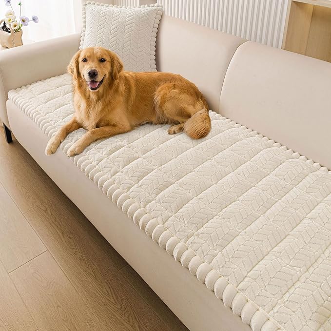 Smiry Non Slip Couch Covers for Dogs, Fuzzy Pet Couch Covers for 3 Cushion Sofa Pet Friendly, Soft Sofa Slipcovers Cushion Furniture Protector Washable (Beige, 27.6" x 82.7")