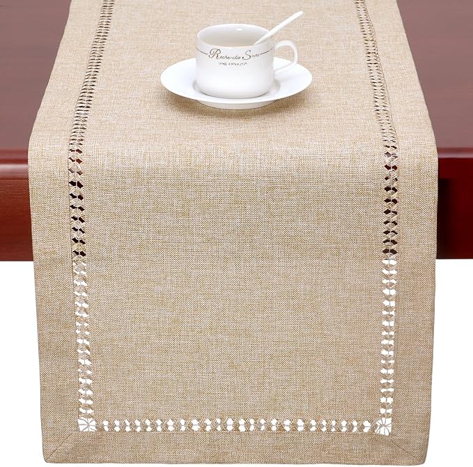 Grelucgo Handmade Hemstitch Beige Table Runner Or Dresser Scarf, Rectangular 14 by 72 Inch