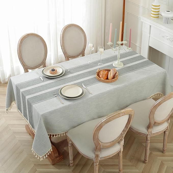 Laolitou Cotton Linen Waterproof Tablecloth for Dining Table Rustic Farmhouse Kitchen Rectangle Table Cloth Coffee Tables Cover, Grey Lines, 55x70 Inch
