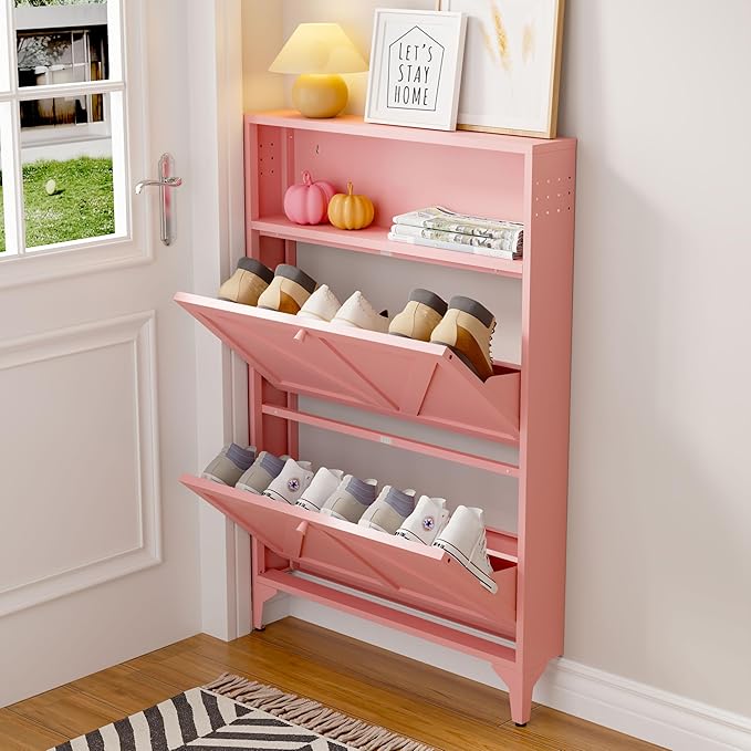 Silm Shoe Cabinet with 2 Flip Drawers,Hidden Shoe Storage Cabinet,Metal Freestanding Organizer,Narrow Shoe Cabinet Storage for Entryway,Hallway,Living Room (2 Door, Pink)