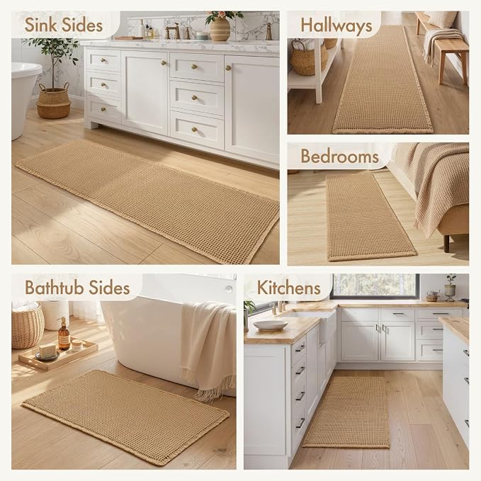 MIULEE Waffle Bathroom Runner Rugs, Super Absorbent Non Slip Bath Rug, Upgraded Soft Quick Dry Washable Boho Long Bath Mat with Tassels for Hallway Laundry Room Bedroom, 17"x48", Brown
