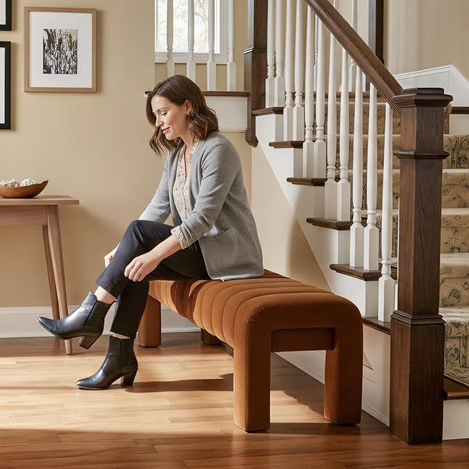 63" Bedroom Bench, Upholstered Entryway Bench, Modern End of Bed Ottoman with Solid Wood Legs and Adjustable Foot Pegs for Entryway, Dining Room and Living Room (Brown Velvet)