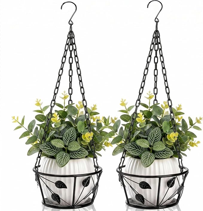 Goaste 2 Pack Metal Plant Hanger, Hanging Plant Holder with Ceiling Hook, Modern Plant Hanging Basket, Decorative Planter Flower Pots Shelf for Indoor Outdoor Use, Home Decor